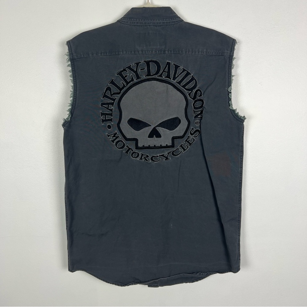 Harley Davidson Vest Sleeveless Shirt Frayed Arm Holes Gray Button Front Size M